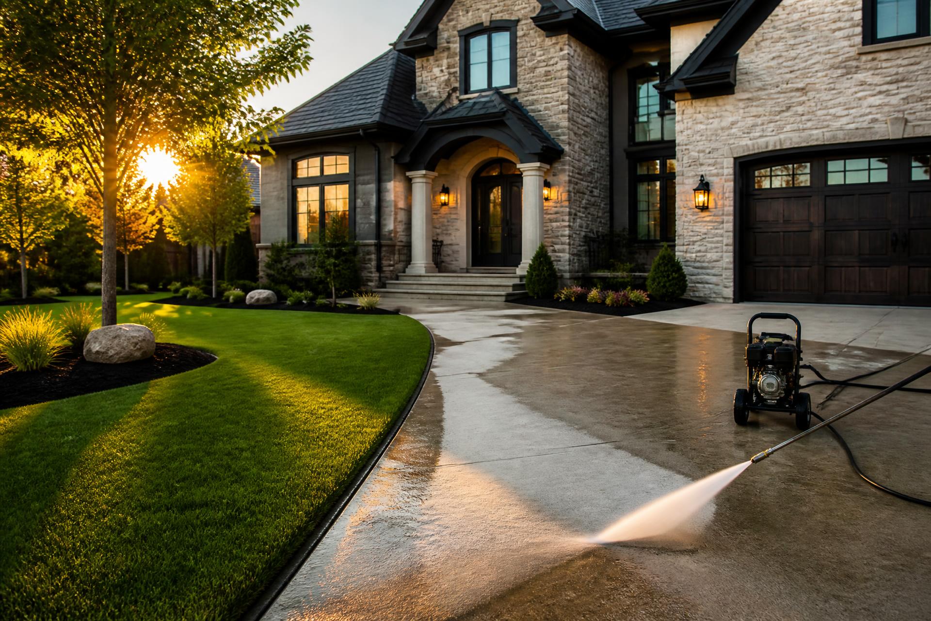 Professional pressure washing and landscaping of a premium home